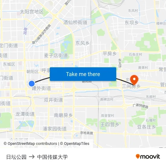 日坛公园 to 中国传媒大学 map