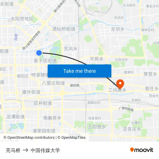 亮马桥 to 中国传媒大学 map