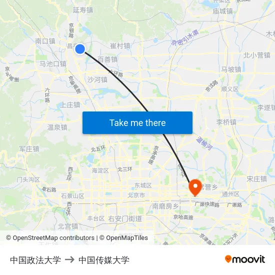 中国政法大学 to 中国传媒大学 map