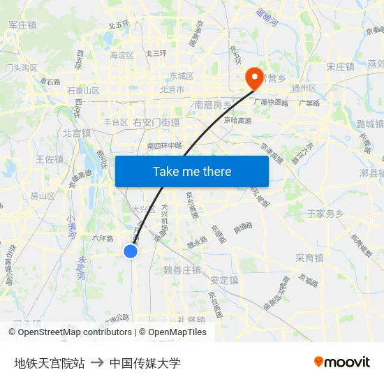 地铁天宫院站 to 中国传媒大学 map