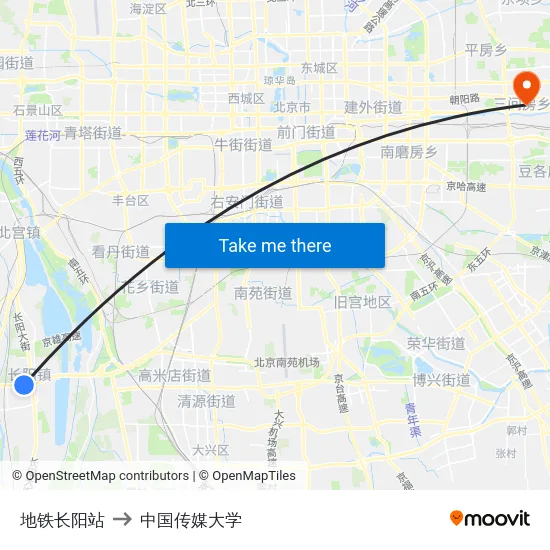 地铁长阳站 to 中国传媒大学 map