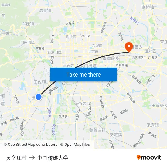 黄辛庄村 to 中国传媒大学 map