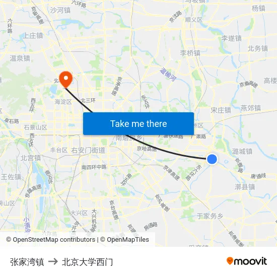 张家湾镇 to 北京大学西门 map