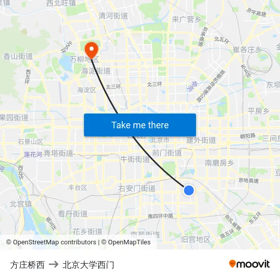 方庄桥西 to 北京大学西门 map