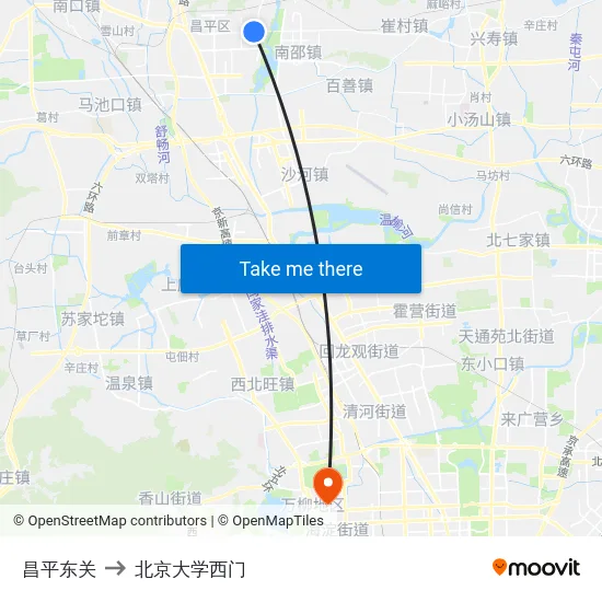 昌平东关 to 北京大学西门 map