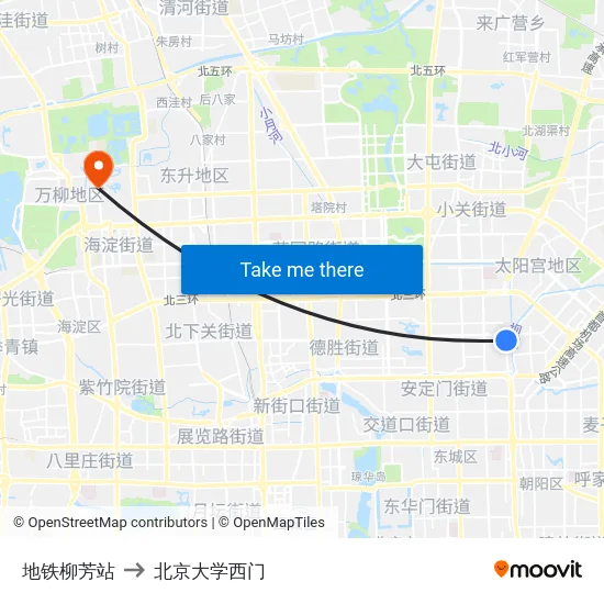 地铁柳芳站 to 北京大学西门 map
