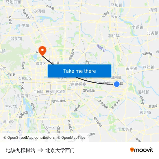 地铁九棵树站 to 北京大学西门 map