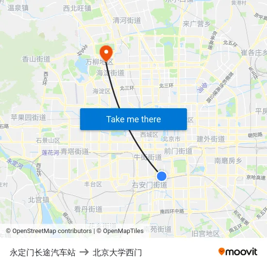 永定门长途汽车站 to 北京大学西门 map