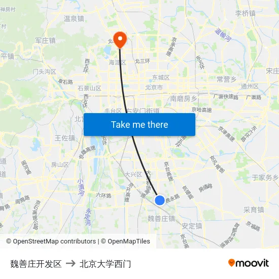 魏善庄开发区 to 北京大学西门 map