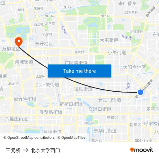 三元桥 to 北京大学西门 map