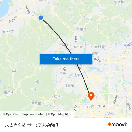 八达岭长城 to 北京大学西门 map