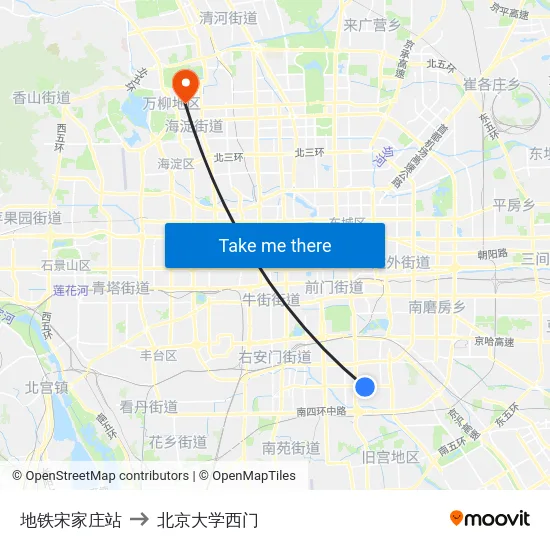 地铁宋家庄站 to 北京大学西门 map