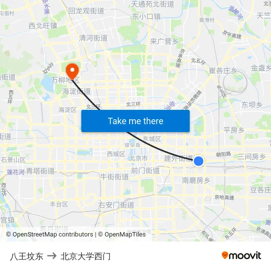 八王坟东 to 北京大学西门 map