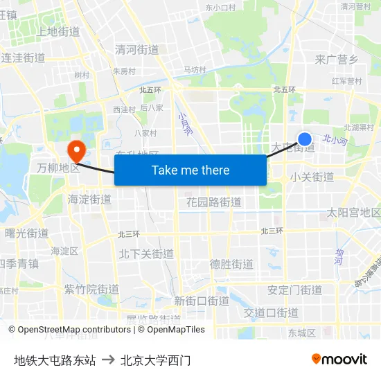 地铁大屯路东站 to 北京大学西门 map