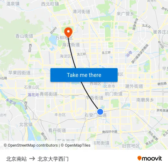 北京南站 to 北京大学西门 map