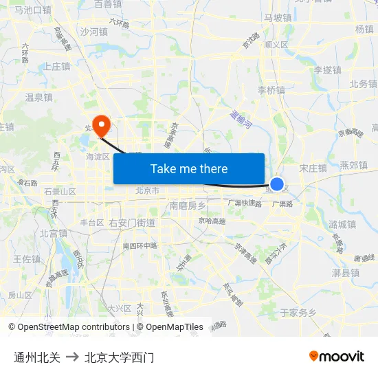 通州北关 to 北京大学西门 map