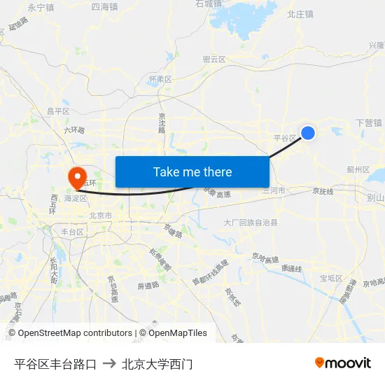 平谷区丰台路口 to 北京大学西门 map