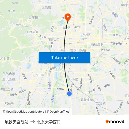 地铁天宫院站 to 北京大学西门 map
