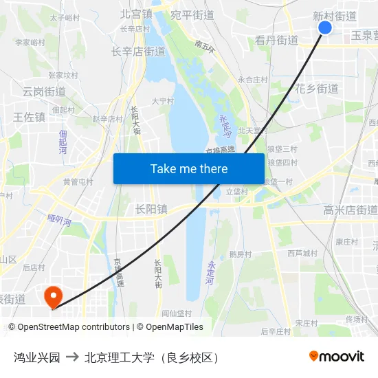鸿业兴园 to 北京理工大学（良乡校区） map