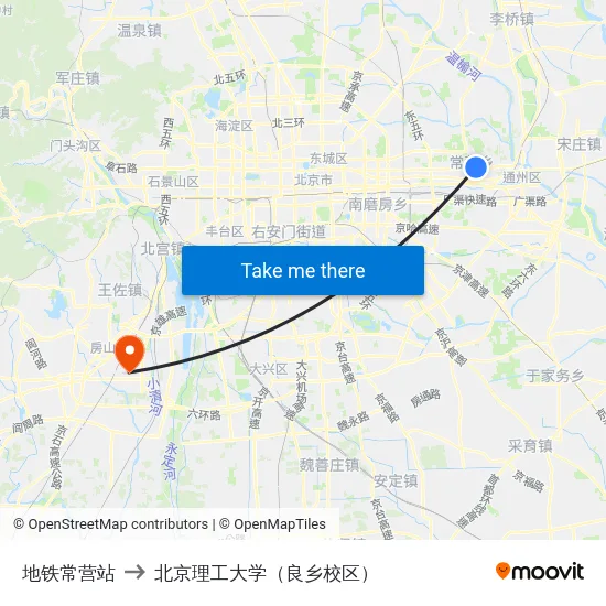 地铁常营站 to 北京理工大学（良乡校区） map