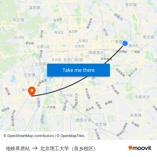 地铁草房站 to 北京理工大学（良乡校区） map