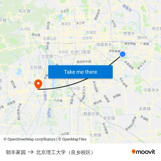 朝丰家园 to 北京理工大学（良乡校区） map