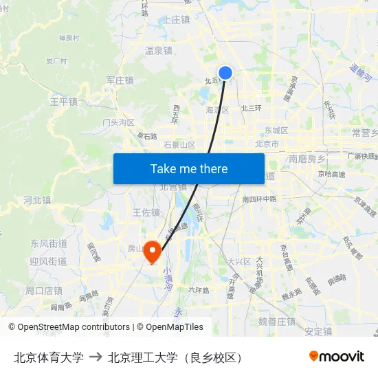北京体育大学 to 北京理工大学（良乡校区） map