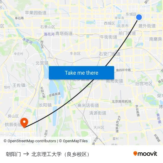朝阳门 to 北京理工大学（良乡校区） map
