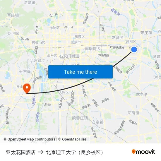 亚太花园酒店 to 北京理工大学（良乡校区） map