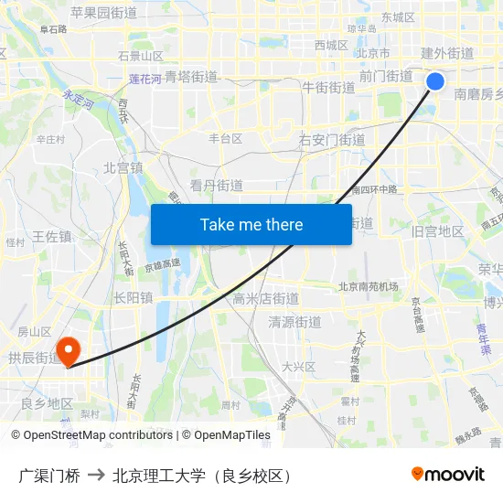 广渠门桥 to 北京理工大学（良乡校区） map