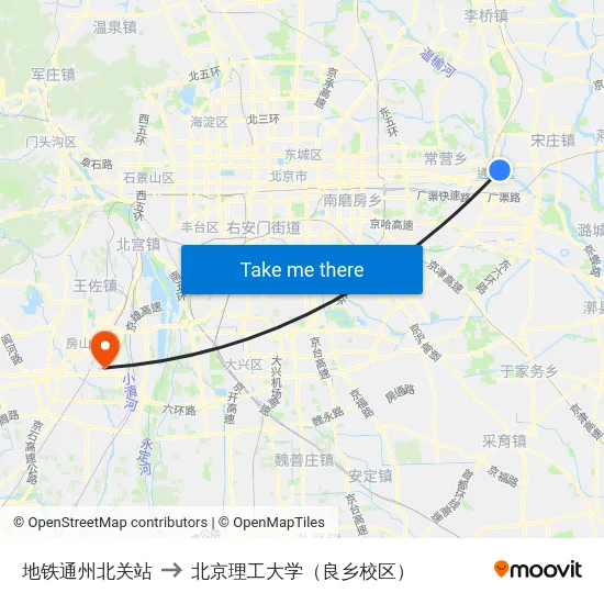 地铁通州北关站 to 北京理工大学（良乡校区） map