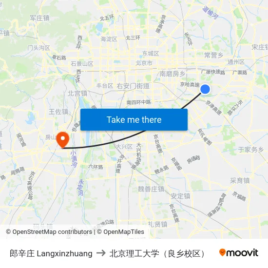 郎辛庄 Langxinzhuang to 北京理工大学（良乡校区） map