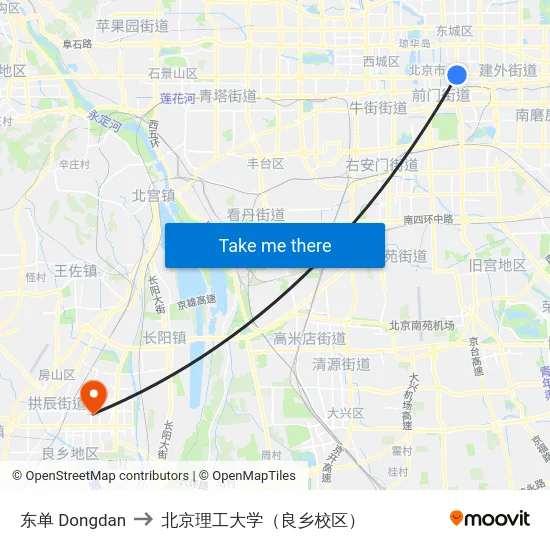 东单 Dongdan to 北京理工大学（良乡校区） map
