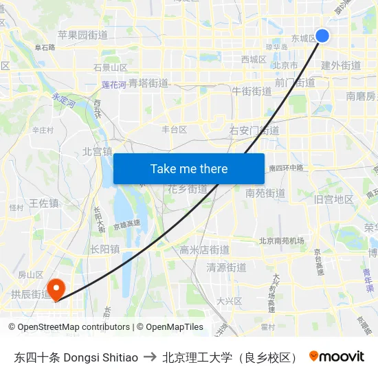 东四十条 Dongsi Shitiao to 北京理工大学（良乡校区） map