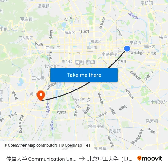 传媒大学 Communication Univ. Of China to 北京理工大学（良乡校区） map