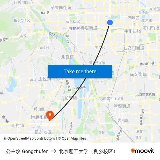 公主坟 Gongzhufen to 北京理工大学（良乡校区） map