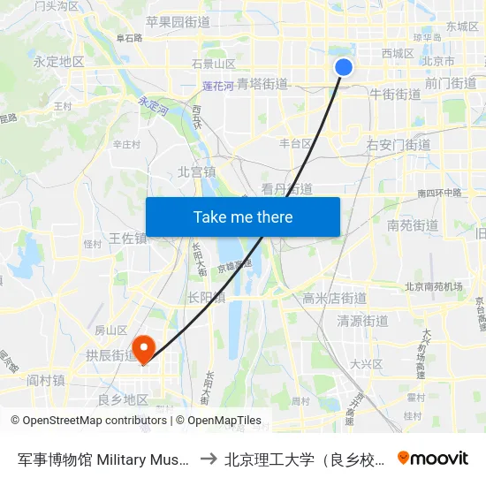 军事博物馆 Military Museum to 北京理工大学（良乡校区） map