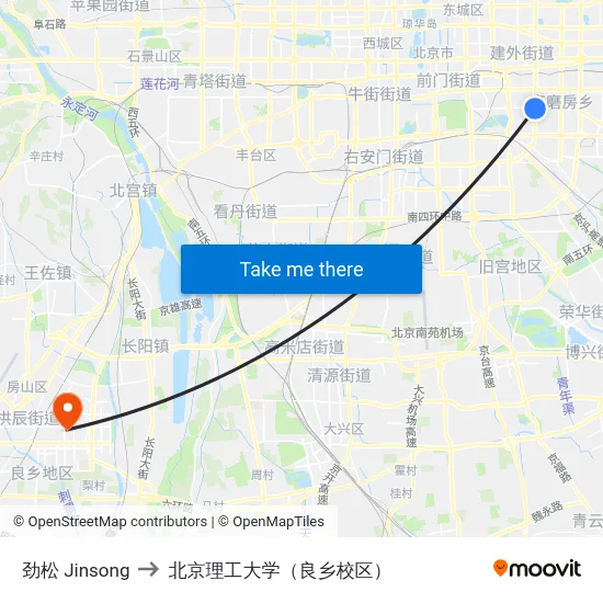 劲松 Jinsong to 北京理工大学（良乡校区） map