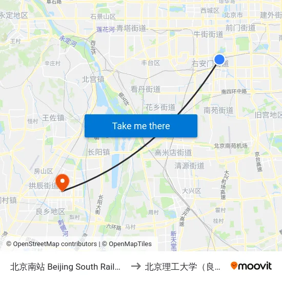 北京南站 Beijing South Railway Station to 北京理工大学（良乡校区） map