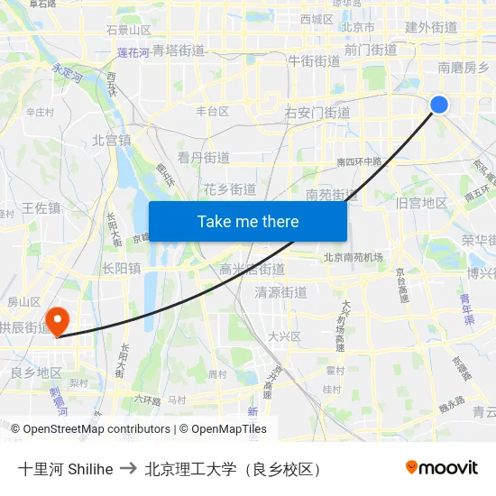 十里河 Shilihe to 北京理工大学（良乡校区） map
