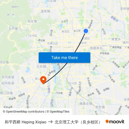 和平西桥 Heping Xiqiao to 北京理工大学（良乡校区） map