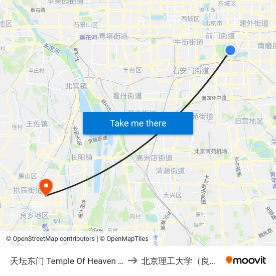 天坛东门 Temple Of Heaven East Gate to 北京理工大学（良乡校区） map