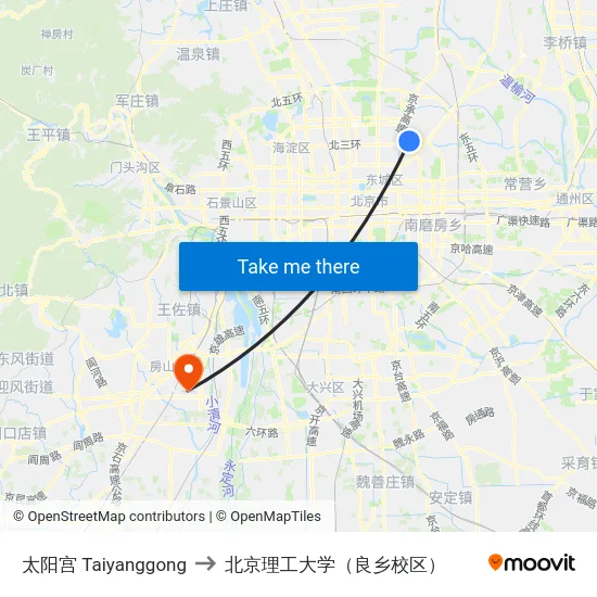 太阳宫 Taiyanggong to 北京理工大学（良乡校区） map