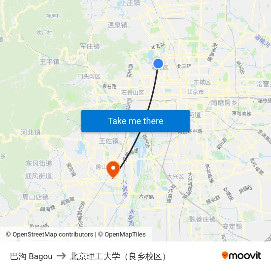 巴沟 Bagou to 北京理工大学（良乡校区） map