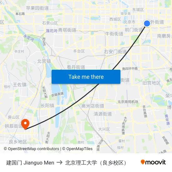 建国门 Jianguo Men to 北京理工大学（良乡校区） map