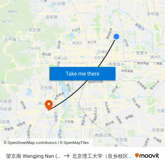 望京南 Wangjing Nan (S) to 北京理工大学（良乡校区） map