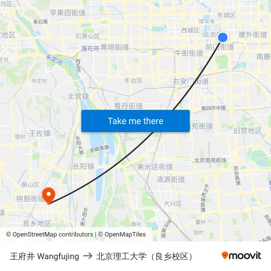 王府井 Wangfujing to 北京理工大学（良乡校区） map