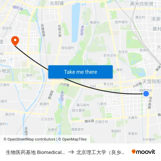生物医药基地 Biomedical Base to 北京理工大学（良乡校区） map