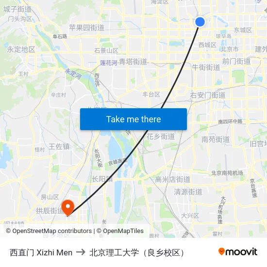 西直门 Xizhi Men to 北京理工大学（良乡校区） map