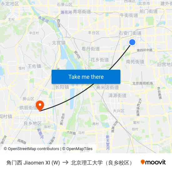 角门西 Jiaomen XI (W) to 北京理工大学（良乡校区） map